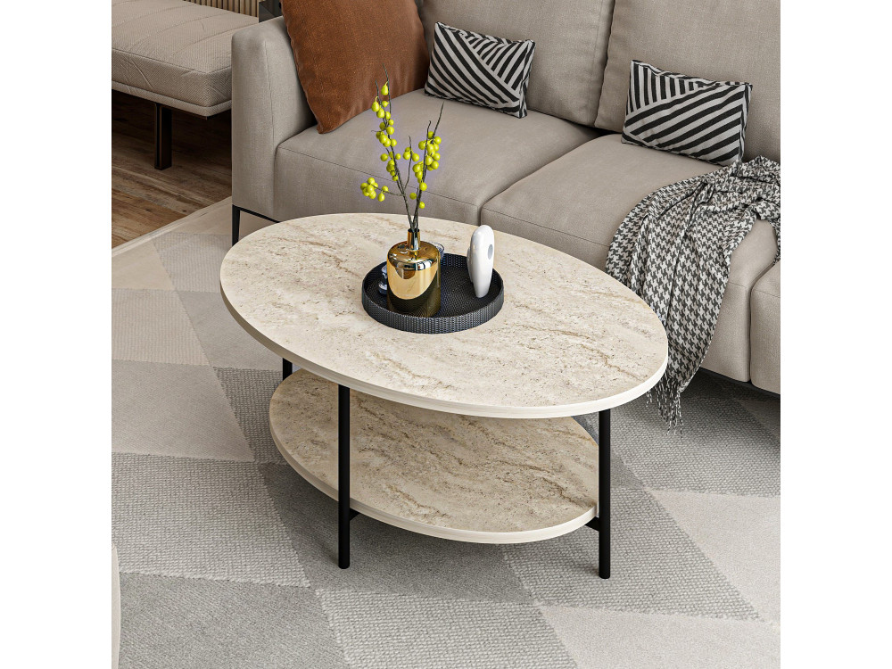 Table basse en bois "Elis" - 90 x 60 x 36 cm - Travertin