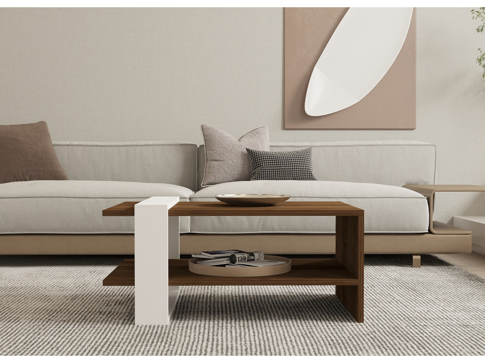 Table basse en bois "Gaye" - 80 x 50 x 35 cm - Noyer, Blanc