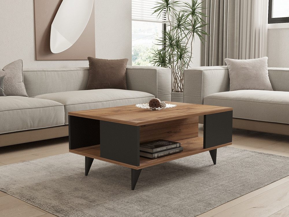 Table basse en bois "Yuka" - 90 x 60 x 39 cm - Noyer, Noir
