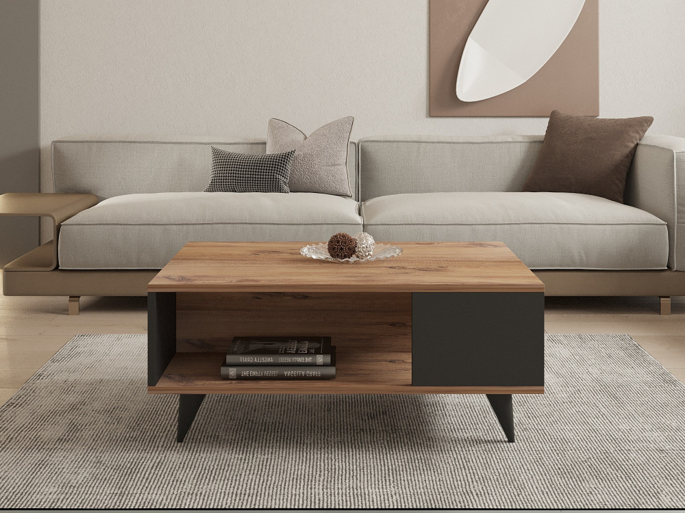 Table basse en bois "Yuka" - 90 x 60 x 39 cm - Noyer, Noir