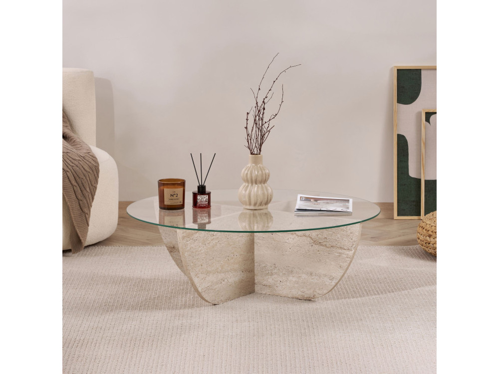Table basse en verre "Liya" 90 x 90 x 30 cm - Travertin
