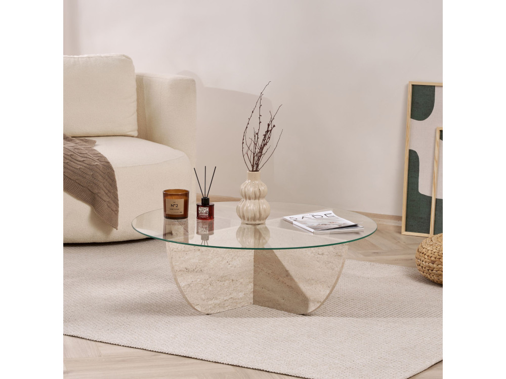 Table basse en verre "Liya" 90 x 90 x 30 cm - Travertin