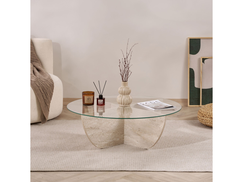 Table basse en verre "Liya" 90 x 90 x 30 cm - Travertin