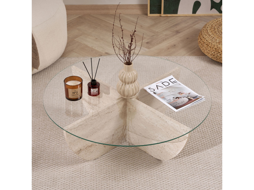 Table basse en verre "Liya" 90 x 90 x 30 cm - Travertin