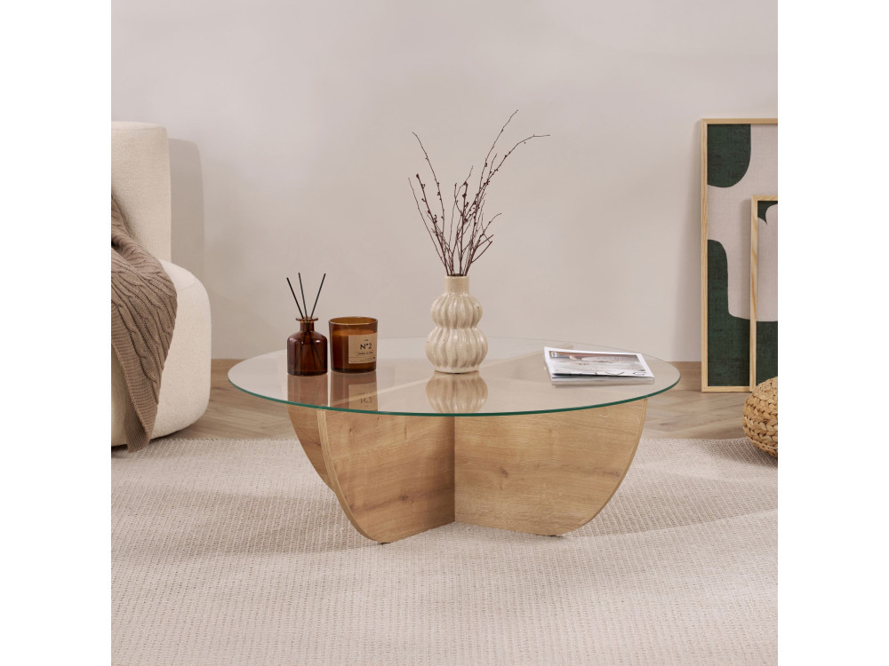 Table basse en verre "Liya" 90 x 90 x 30 cm - Chêne saphir