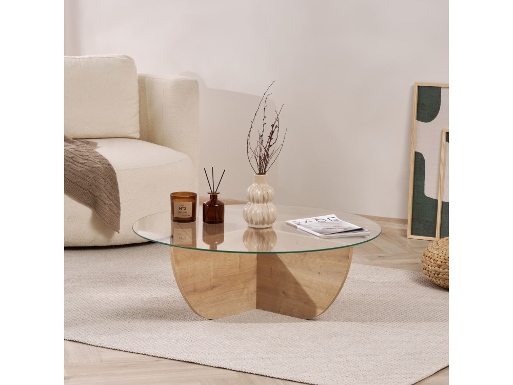 Table basse en verre "Liya" 90 x 90 x 30 cm - Chêne saphir