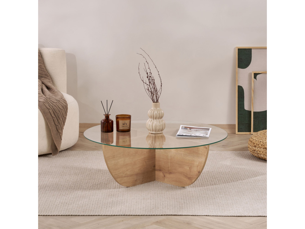 Table basse en verre "Liya" 90 x 90 x 30 cm - Chêne saphir
