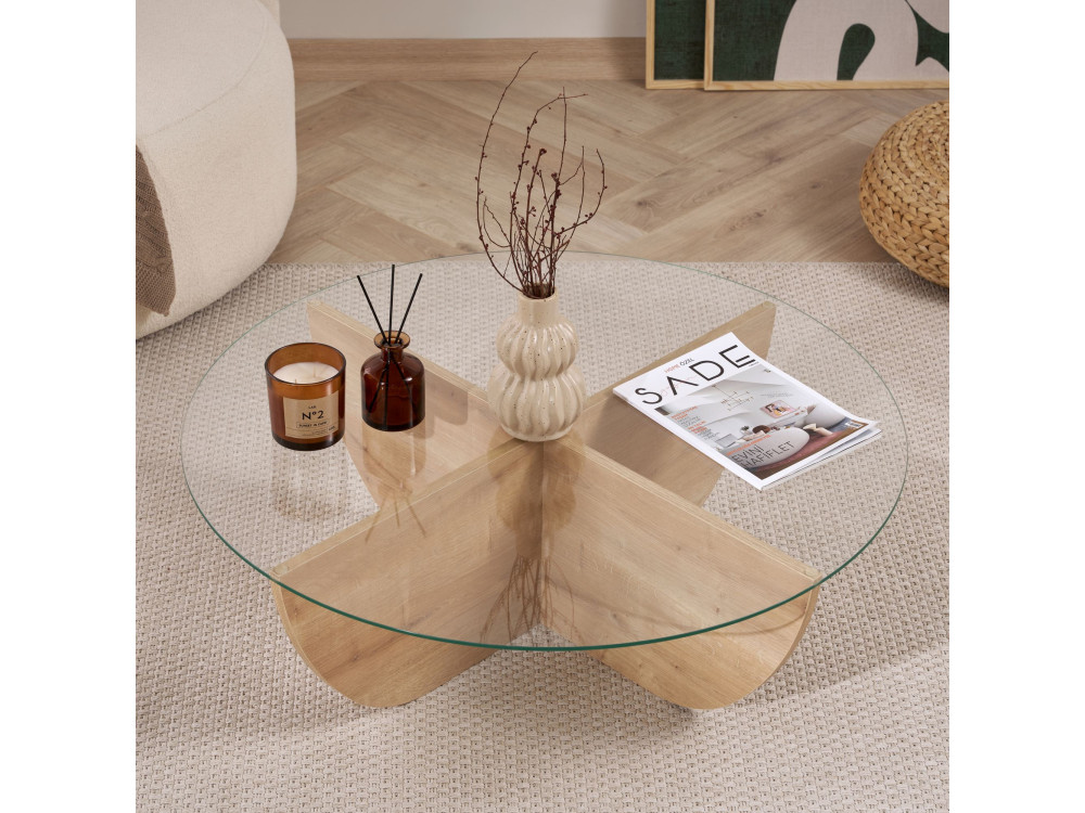 Table basse en verre "Liya" 90 x 90 x 30 cm - Chêne saphir