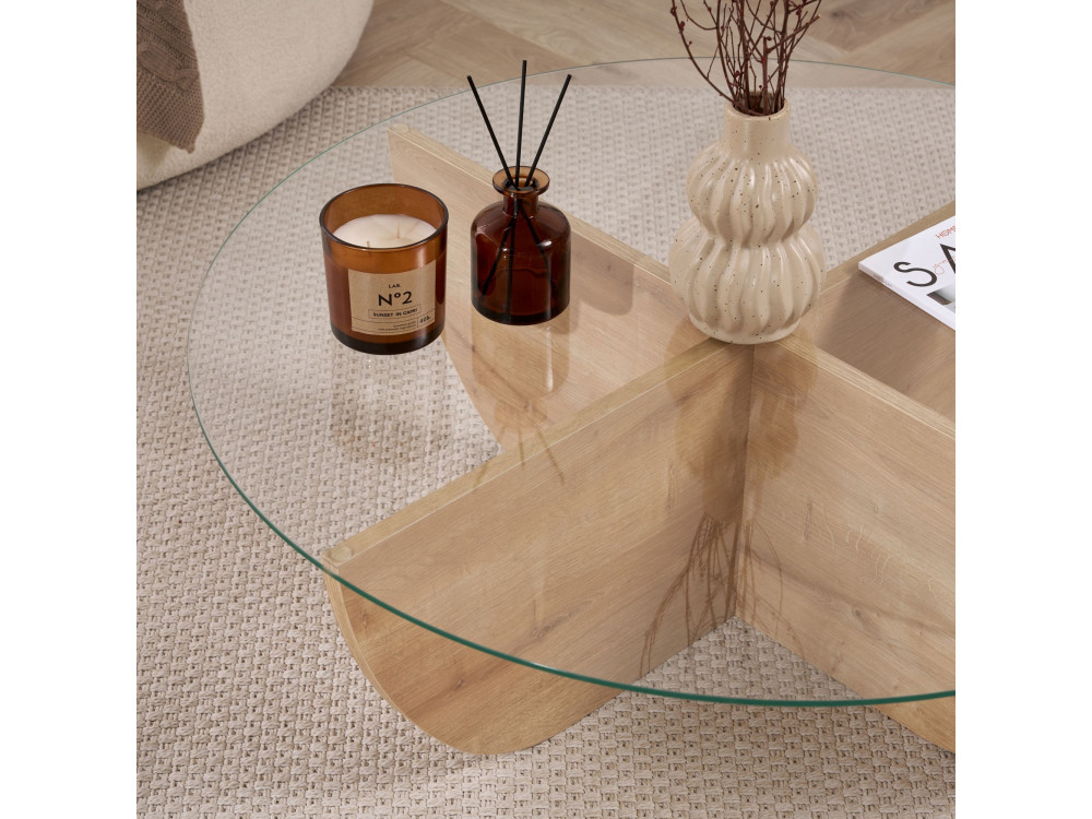 Table basse en verre "Liya" 90 x 90 x 30 cm - Chêne saphir