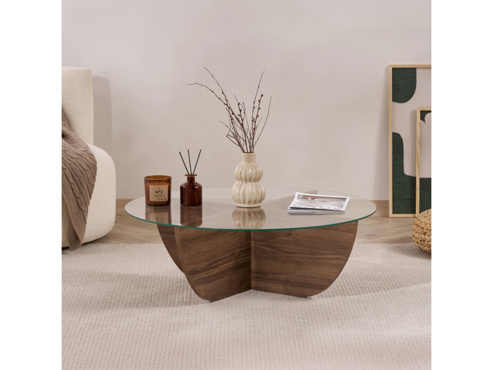 Table basse en verre "Liya" 90 x 90 x 30 cm - Noyer