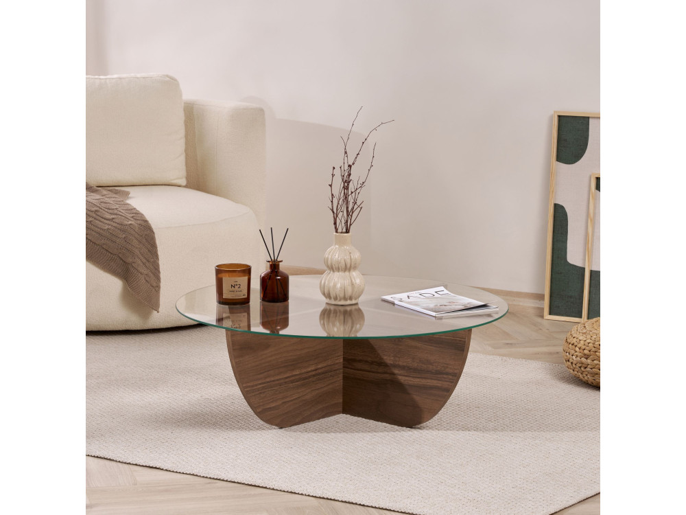 Table basse en verre "Liya" 90 x 90 x 30 cm - Noyer