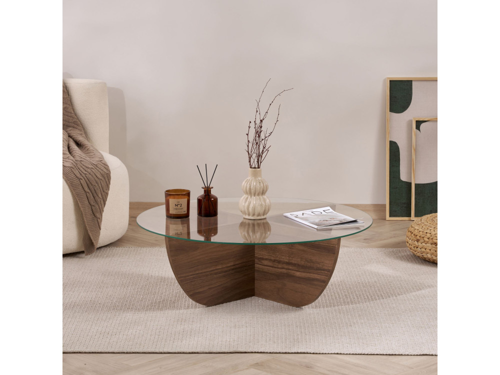 Table basse en verre "Liya" 90 x 90 x 30 cm - Noyer