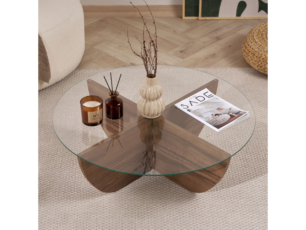 Table basse en verre "Liya" 90 x 90 x 30 cm - Noyer