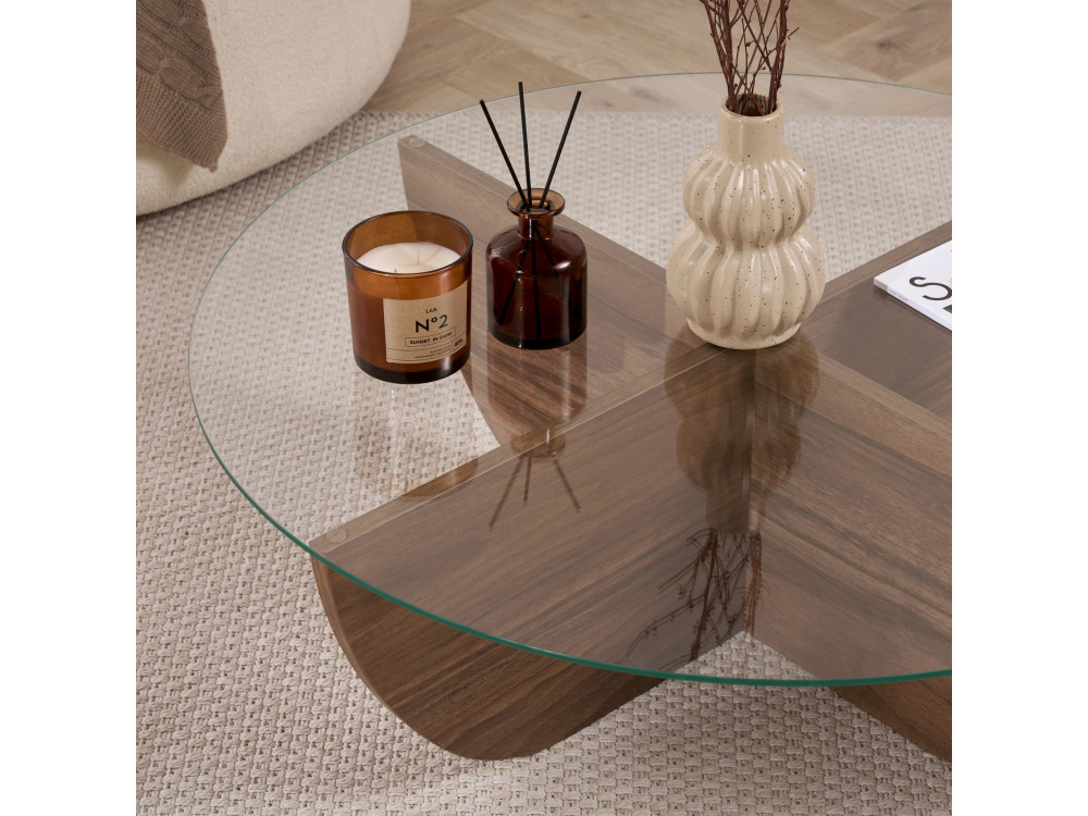 Table basse en verre "Liya" 90 x 90 x 30 cm - Noyer