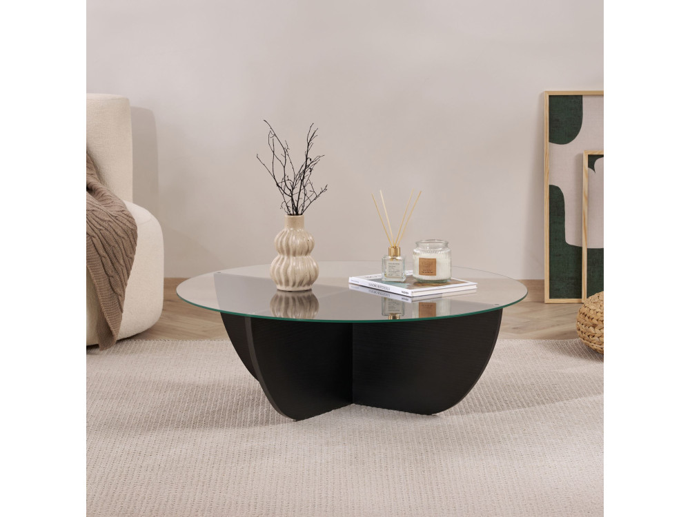 Table basse en verre "Liya" 90 x 90 x 30 cm - Bois Noir