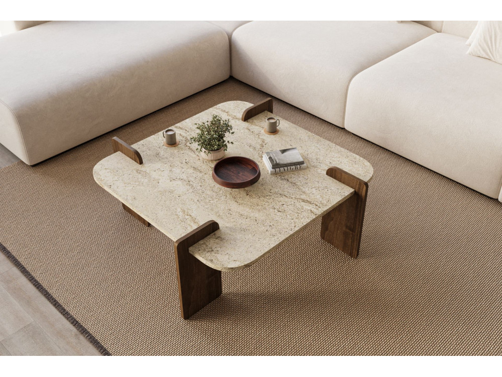 Table basse en bois "Afrolli" - 90 x 90 x 35 cm - Travertin