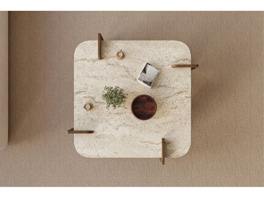 Table basse en bois "Afrolli" - 90 x 90 x 35 cm - Travertin