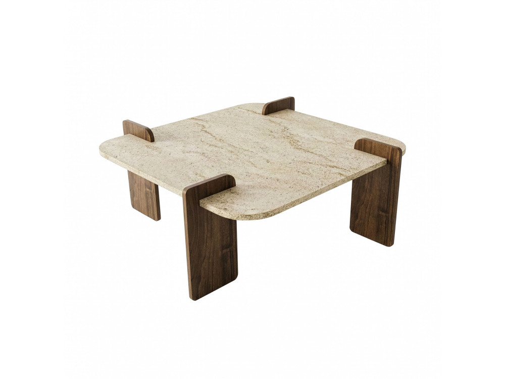 Table basse en bois "Afrolli" - 90 x 90 x 35 cm - Travertin