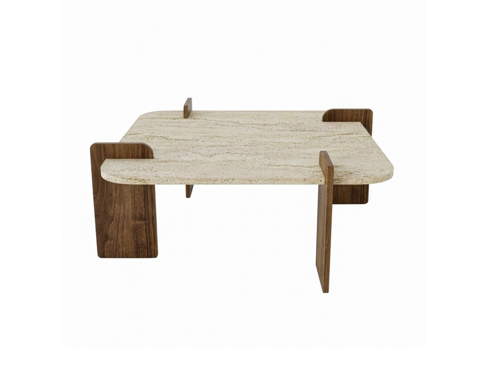 Table basse en bois "Afrolli" - 90 x 90 x 35 cm - Travertin