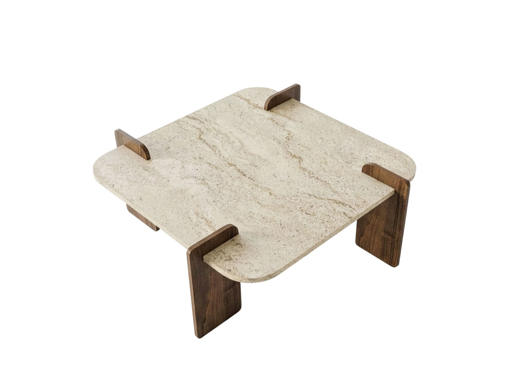 Table basse en bois "Afrolli" - 90 x 90 x 35 cm - Travertin