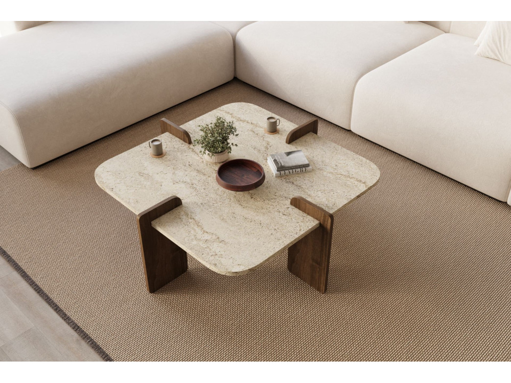 Table basse en bois "Poalla" - 90 x 90 x 35 cm - Travertin