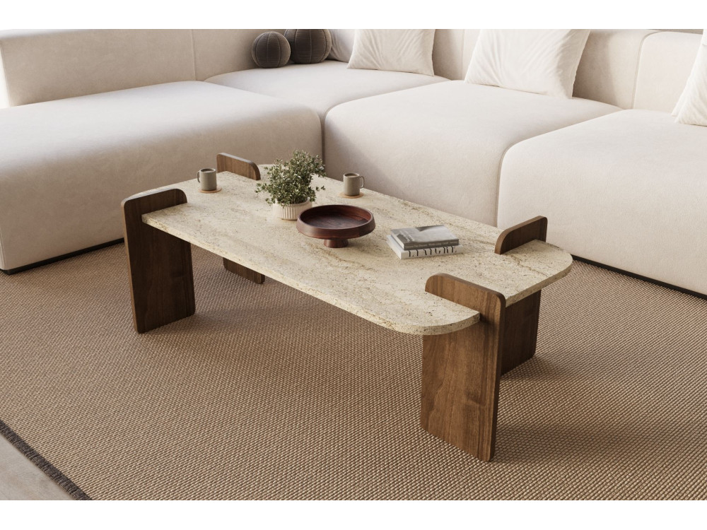Table basse en bois "Leapiri" - 120 x 60 x 35 cm - Travertin
