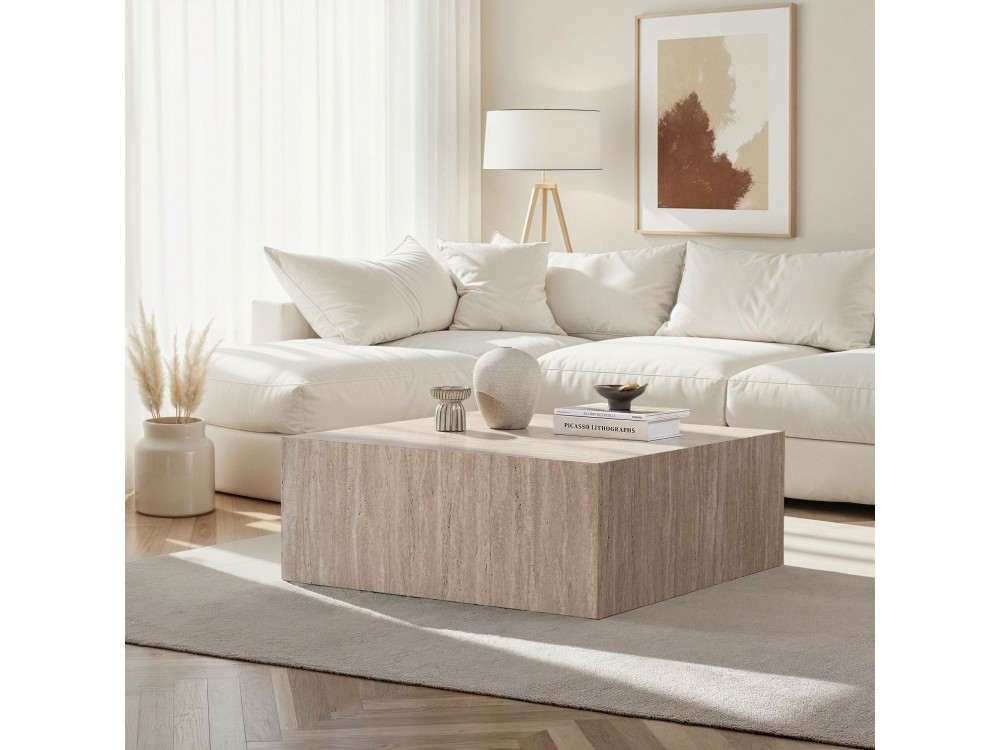 Table Basse en MDF "Prizma" - 90 x 90 x 35 cm - Travertin