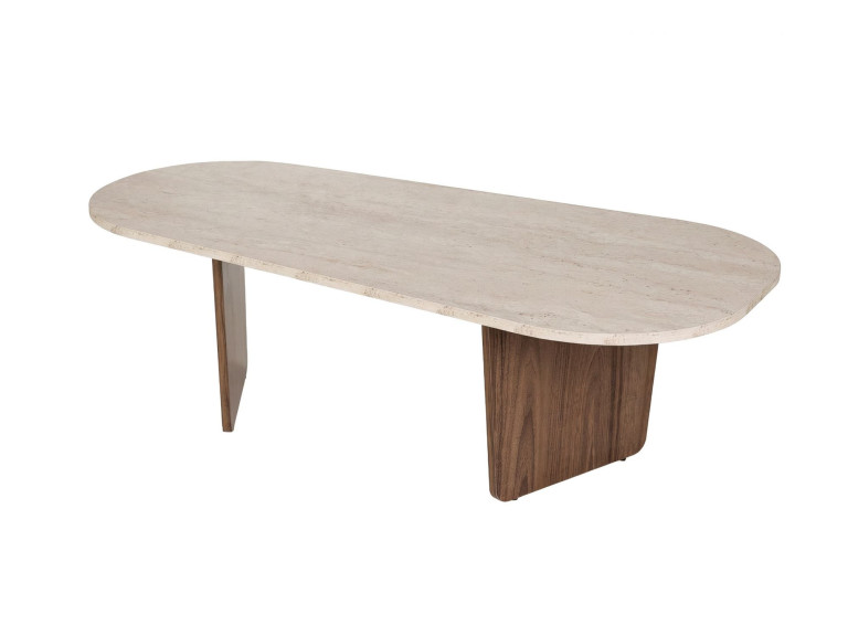 Table Basse en bois "Ovalis" - 130 x 65 x 40 cm - Travertin / Noyer