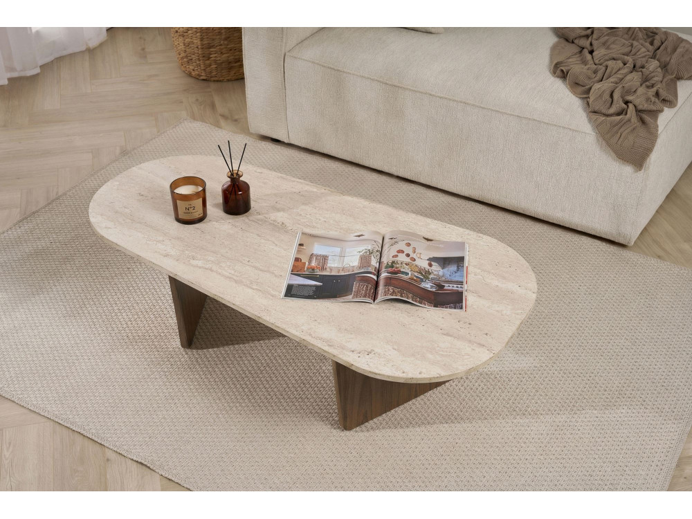 Table Basse en bois "Ovalis" - 130 x 65 x 40 cm - Travertin / Noyer