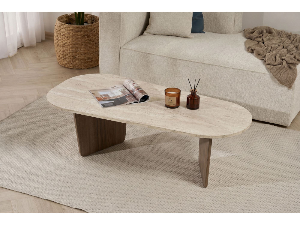 Table Basse en bois "Ovalis" - 130 x 65 x 40 cm - Travertin / Noyer