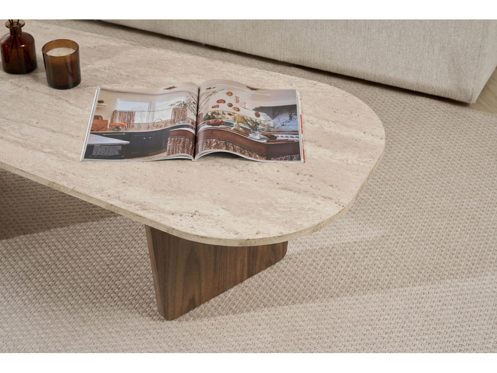 Table Basse en bois "Ovalis" - 130 x 65 x 40 cm - Travertin / Noyer