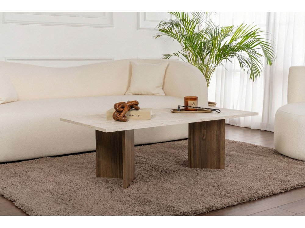 Table basse en bois "Sabin" - 119 x 60 x 40 cm - Travertin