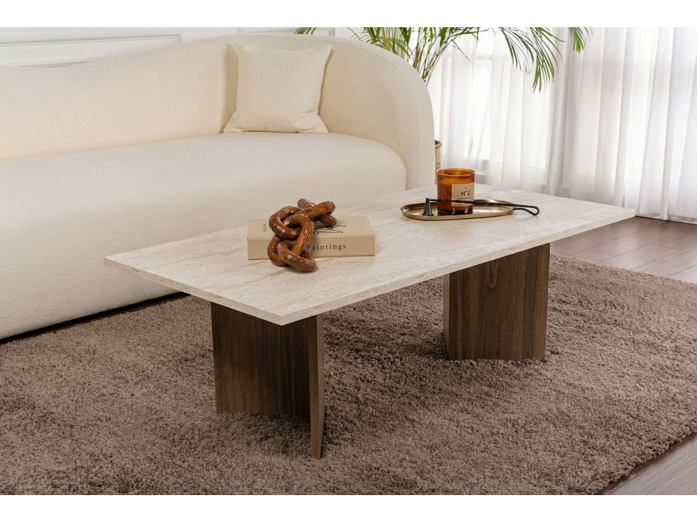 Table basse en bois "Sabin" - 119 x 60 x 40 cm - Travertin