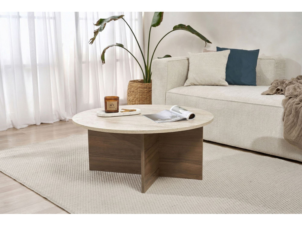 Table basse en bois "Soleil" - 90 x 90 x 40 cm - Travertin