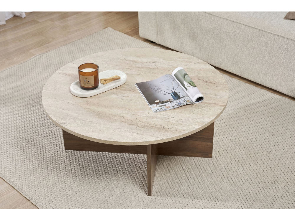 Table basse en bois "Soleil" - 90 x 90 x 40 cm - Travertin