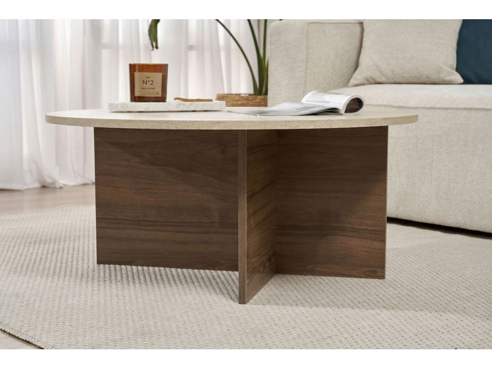 Table basse en bois "Soleil" - 90 x 90 x 40 cm - Travertin