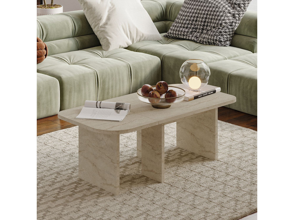 Ensemble tables basses en bois "Iris" - 90 x 45 x 35 cm - Travertin