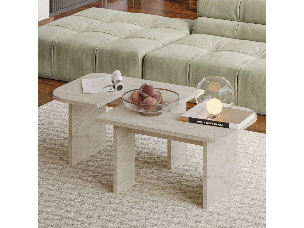 Ensemble tables basses en bois "Iris" - 90 x 45 x 35 cm - Travertin