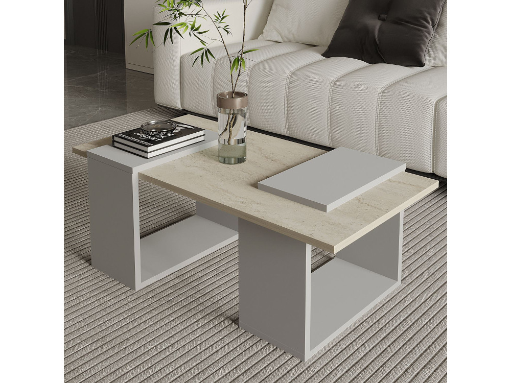Table basse en bois "Matris" - 90 x 46 x 37 cm - Travertin