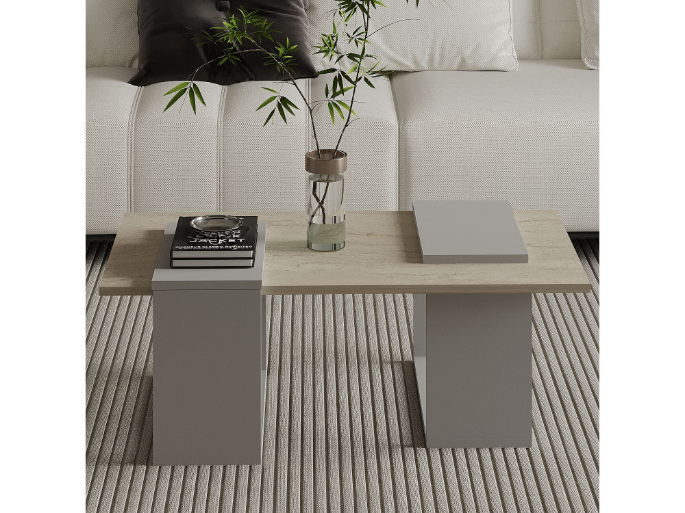 Table basse en bois "Matris" - 90 x 46 x 37 cm - Travertin