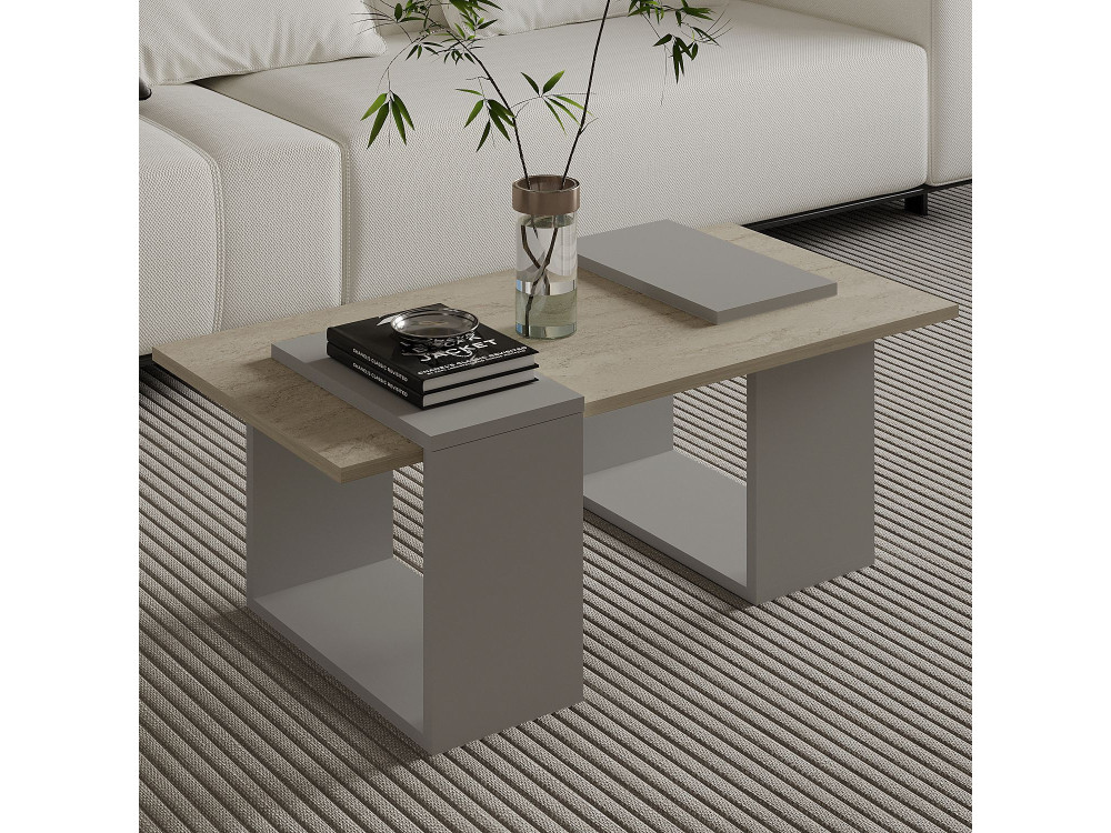 Table basse en bois "Matris" - 90 x 46 x 37 cm - Travertin