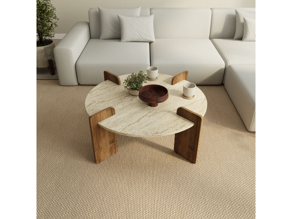 Table basse en bois "Avoure" - 90 x 90 x 35 cm - Travertin