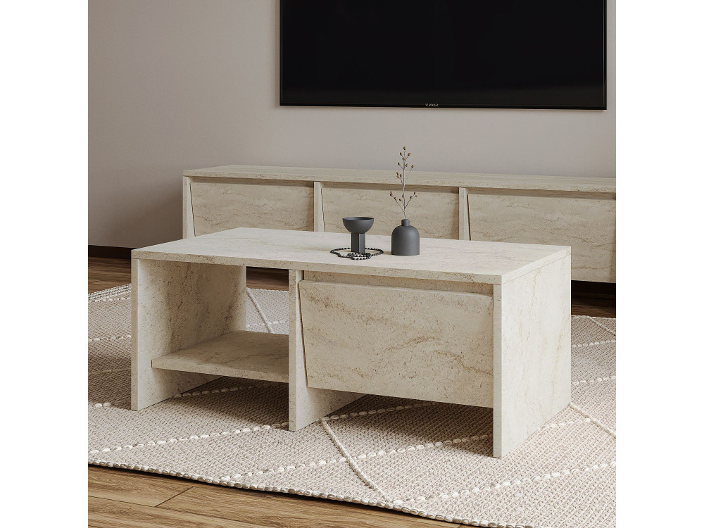 Table basse en bois "Laris" - 90 x 45 x 35 cm - Travertin
