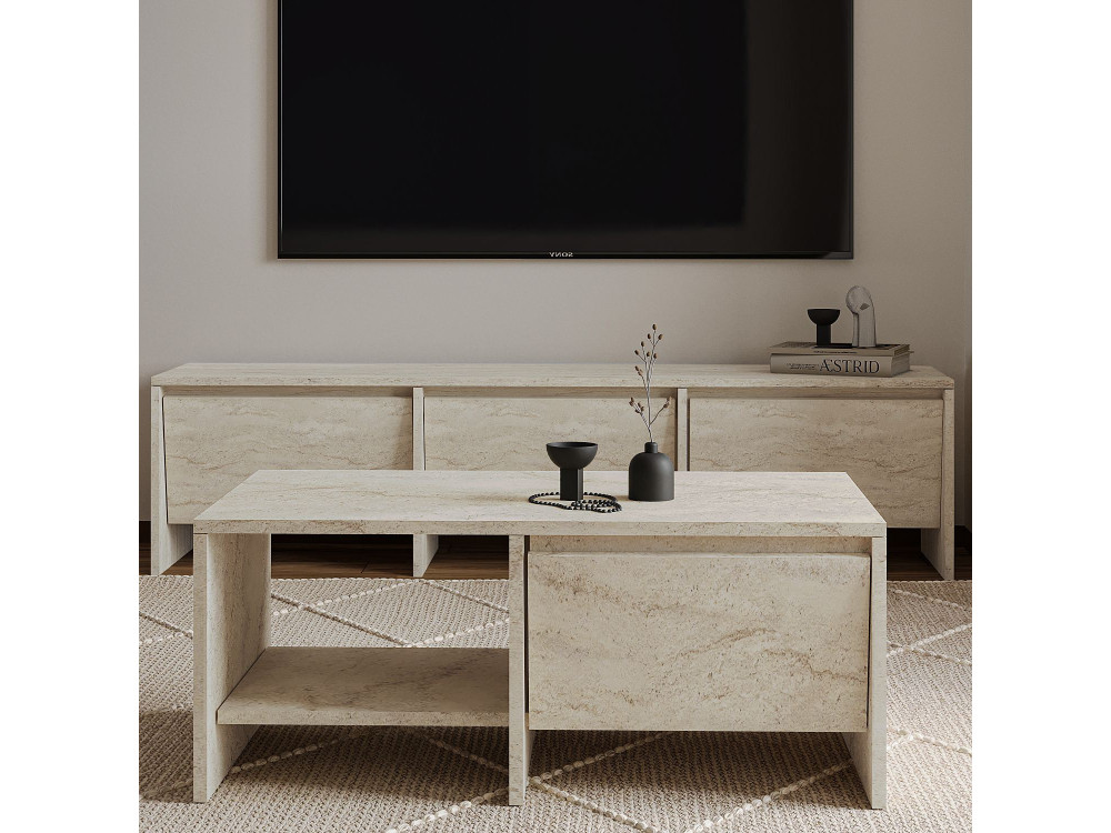 Table basse en bois "Laris" - 90 x 45 x 35 cm - Travertin