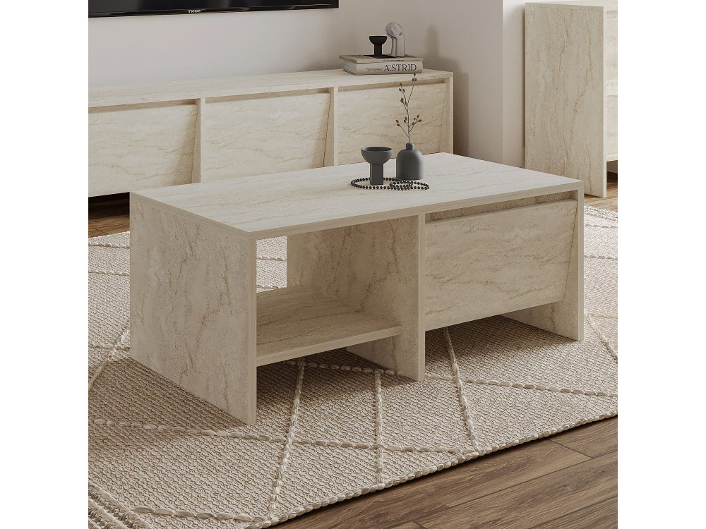 Table basse en bois "Laris" - 90 x 45 x 35 cm - Travertin