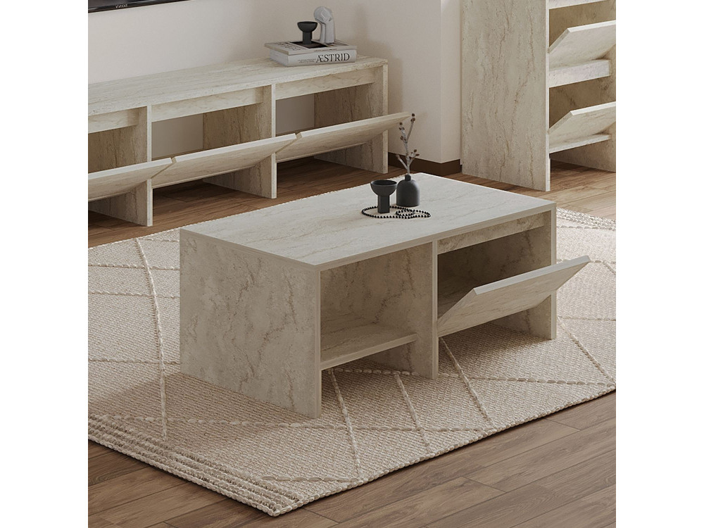 Table basse en bois "Laris" - 90 x 45 x 35 cm - Travertin