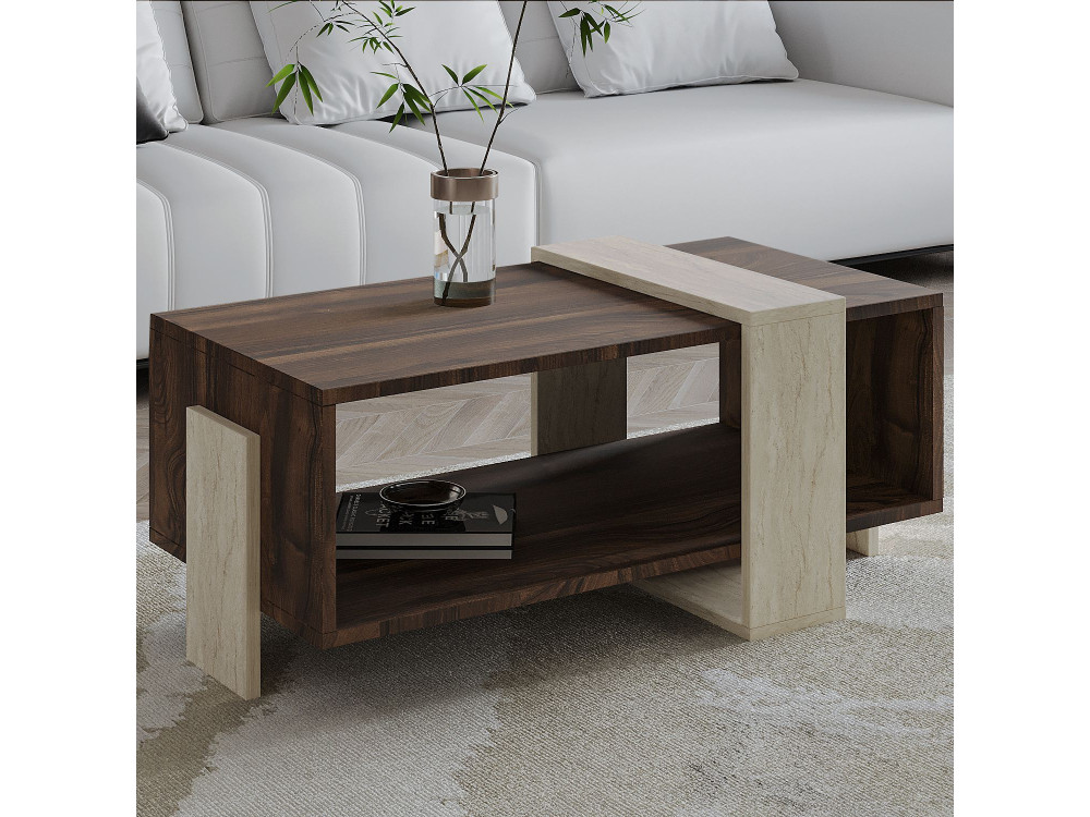 Table basse en bois "Meleni" - 90 x 49 x 40 cm - Travertin