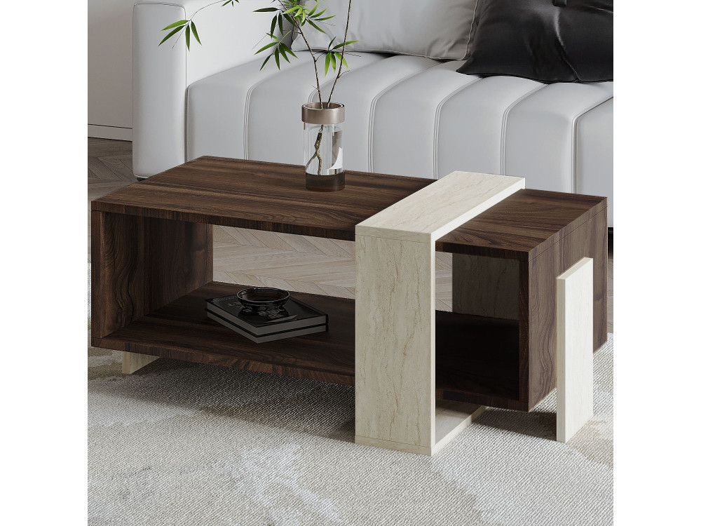 Table basse en bois "Meleni" - 90 x 49 x 40 cm - Travertin