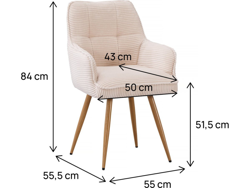 Lot de 2 chaises en velours côtelé  "Mayra" - 60 x 56 x 88 cm - Beige