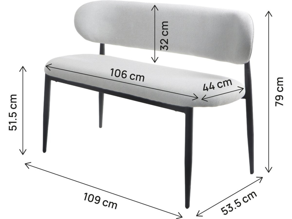 Banc de salle à manger en tissu - 110 cm - "Sélène" - 3 places - Gris clair et Noir